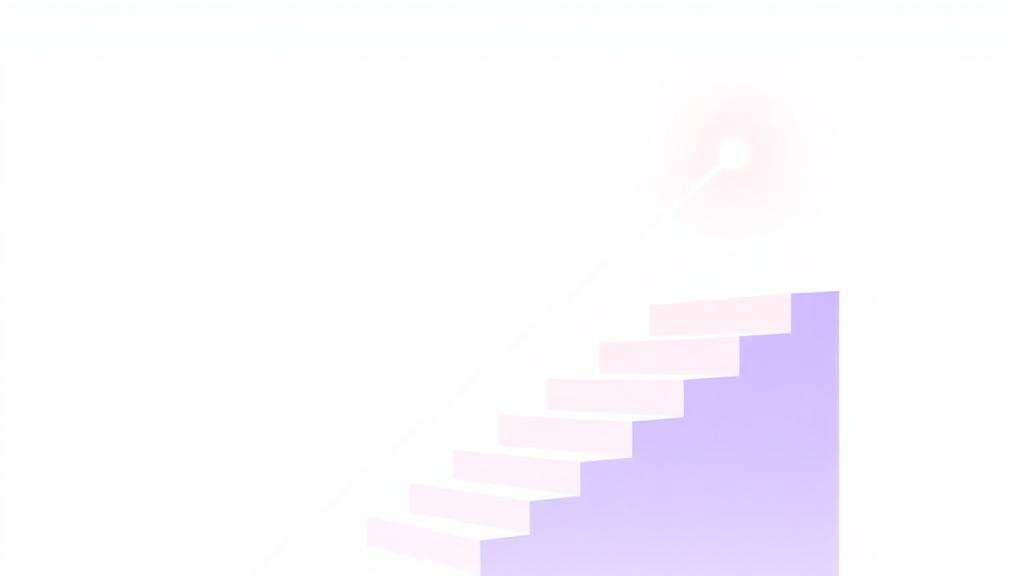 Ascending staircase toward a glowing milestone