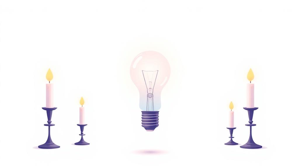 Light bulb glowing between fading candles
